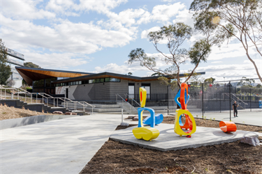 The back of the Pavilion with the new public artwork Architecture of the Sole by Tracey Lamb.